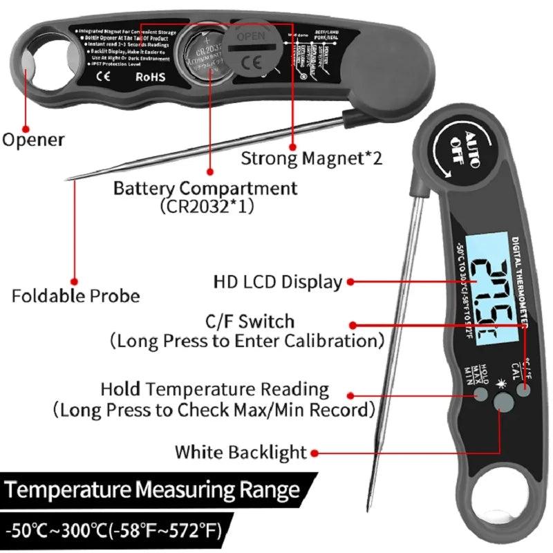 Digital Kitchen Food Thermometer Instant Read Waterproof Meat, Water, Milk, BBQ & Grilling